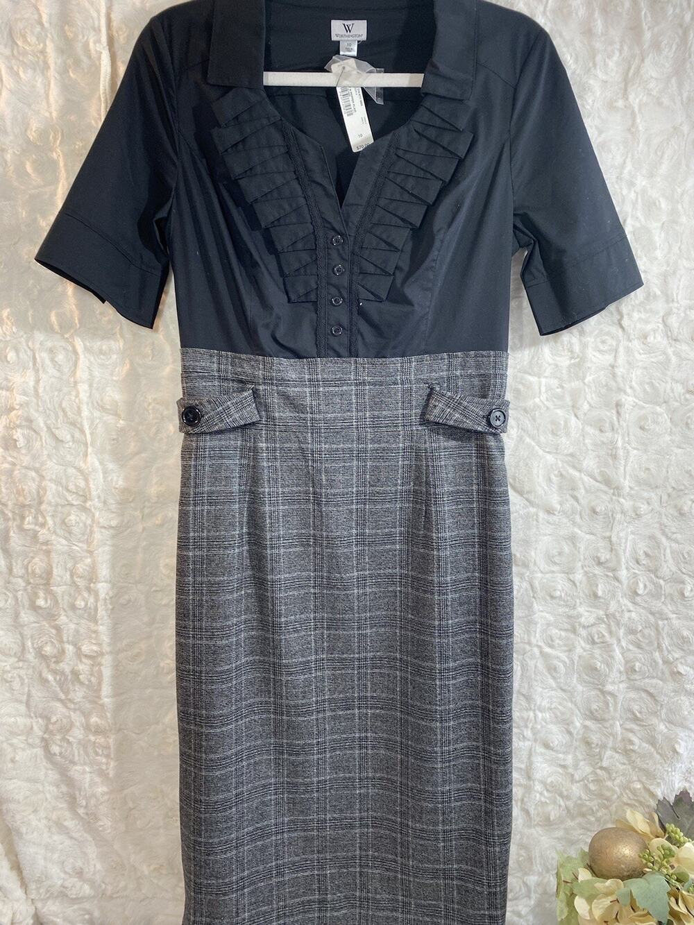 Worthington dress black salt and pepper plaid NWT short sleeve size 10 women